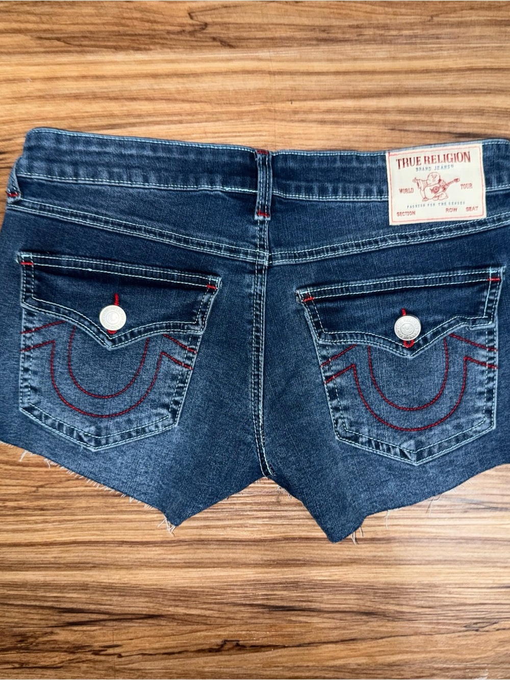 True Religion Dark Blue Denim Cropped Cutoff Shorts with Red Stitching